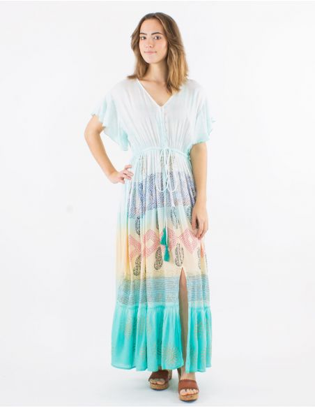 Vestido largo viscosa tie and dye mangas cortas cuello v