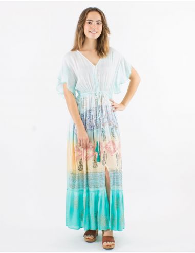 Vestido largo viscosa tie and dye mangas cortas cuello v