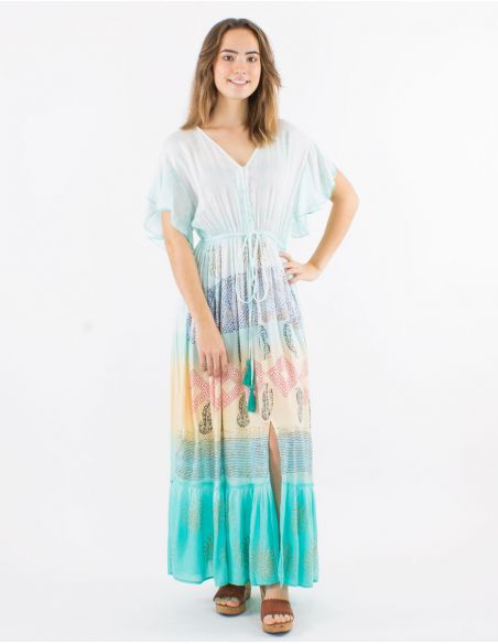 Vestido largo viscosa tie and dye mangas cortas cuello v