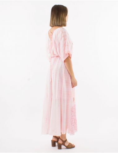 Vestido largo velo de algodon tie and dye doblado con perlas mangas cortas