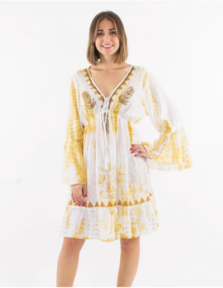 Vestido algodon tie and dye doblado con perlas mangas largas