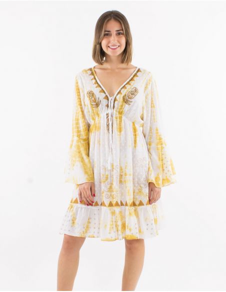 Vestido algodon tie and dye doblado con perlas mangas largas