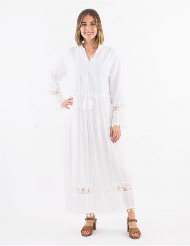 Vestido largo viscosa mangas largas con pompones