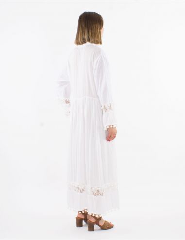 Vestido largo viscosa mangas largas con pompones