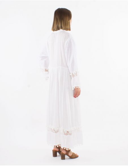Vestido largo viscosa mangas largas con pompones