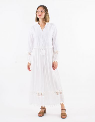 Vestido largo viscosa mangas largas con pompones