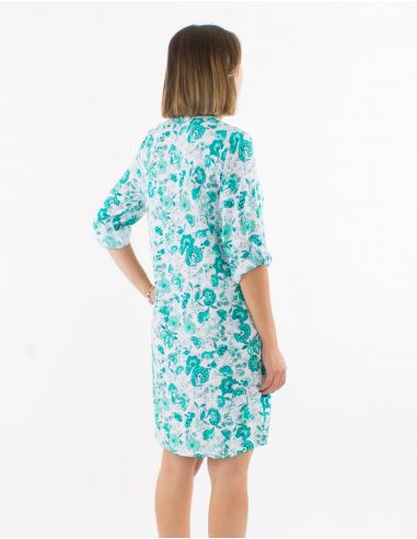 Vestido corto viscosa con botones mangas 3/4 remangables estampado indio