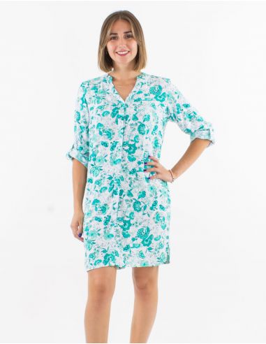 Vestido corto viscosa con botones mangas 3/4 remangables estampado indio