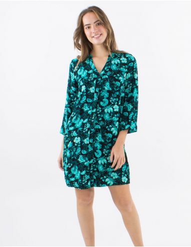 Vestido corto viscosa con botones mangas 3/4 remangables estampado indio