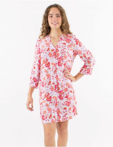 Vestido corto viscosa con botones mangas 3/4 remangables estampado indio