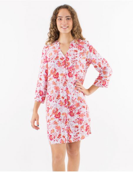 Vestido corto viscosa con botones mangas 3/4 remangables estampado indio