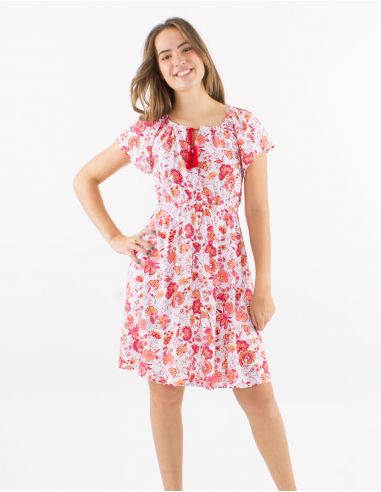 Vestido viscosa mangas cortas estampado indio