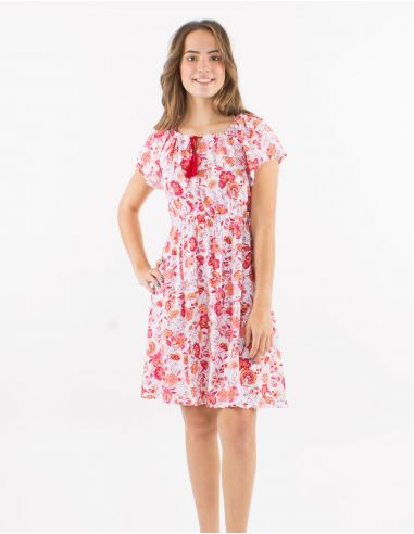 Vestido viscosa mangas cortas estampado indio