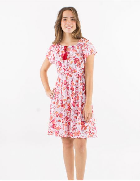 Vestido viscosa mangas cortas estampado indio