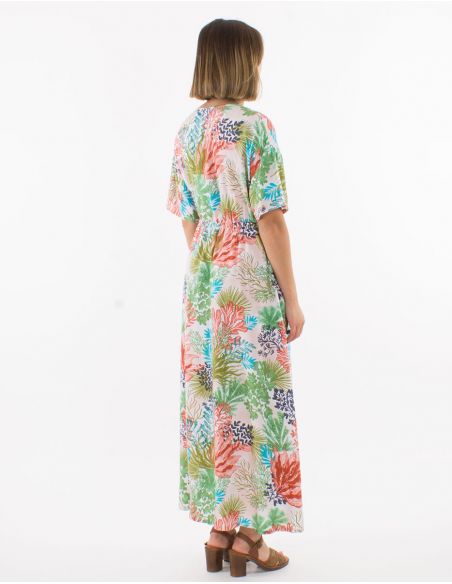 Vestido largo viscosa con botones mangas cortas estampado oceano