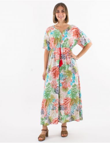 Vestido largo viscosa con botones mangas cortas estampado oceano