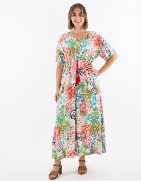 Vestido largo viscosa con botones mangas cortas estampado oceano