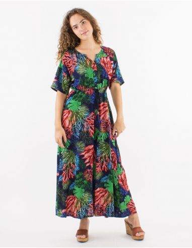 Vestido largo viscosa con botones mangas cortas estampado oceano