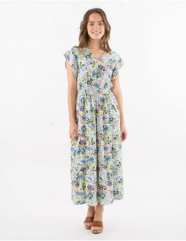 Vestido largo viscosa talla smockee mangas cortas estampado estambul