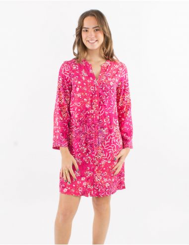 Vestido corto viscosa con botones mangas 3/4 remangables estampado influencia