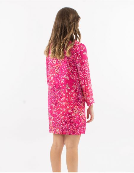 Vestido corto viscosa con botones mangas 3/4 remangables estampado influencia