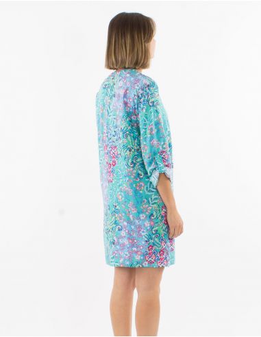 Vestido corto viscosa con botones mangas 3/4 remangables estampado influencia