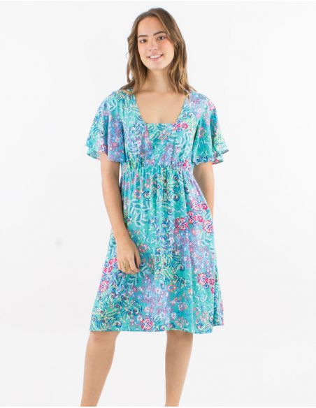 Vestido viscosa mangas cortas estampado influencia