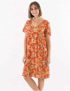 Vestido viscosa con volantes cuello v mangas cortas estampado agra