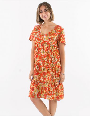 Vestido viscosa con volantes cuello v mangas cortas estampado agra