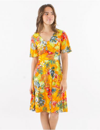 Vestido malla 96% poliester 4% elastano cuello v mangas cortas estampado jungla