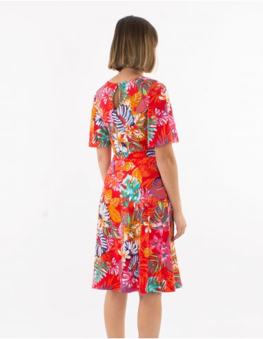 Vestido malla 96% poliester 4% elastano cuello v mangas cortas estampado jungla