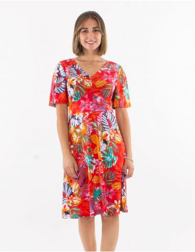 Vestido malla 96% poliester 4% elastano cuello v mangas cortas estampado jungla