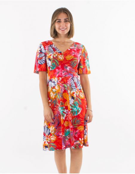 Vestido malla 96% poliester 4% elastano cuello v mangas cortas estampado jungla