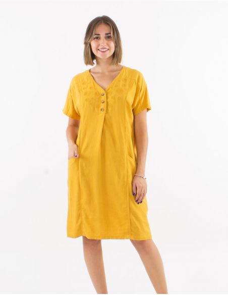 Vestido 54% lino 46% viscosa con bolsillos mangas cortas