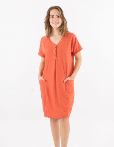 Vestido 54% lino 46% viscosa con bolsillos mangas cortas