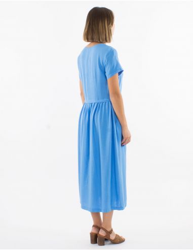 Vestido midi 54% lino 46% viscosa cuello v mangas cortas