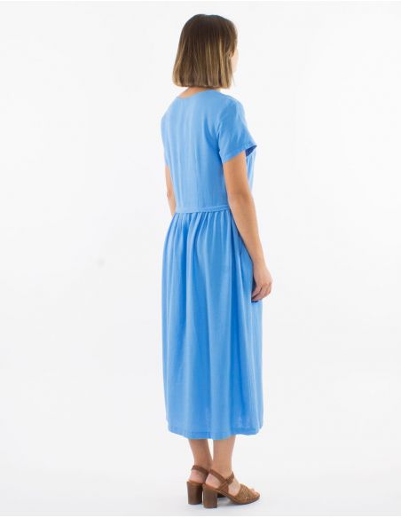 Vestido midi 54% lino 46% viscosa cuello v mangas cortas