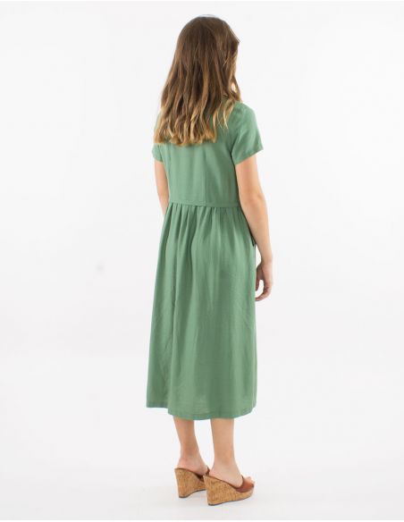 Vestido midi 54% lino 46% viscosa cuello v mangas cortas