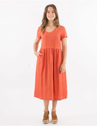 Vestido midi 54% lino 46% viscosa cuello v mangas cortas