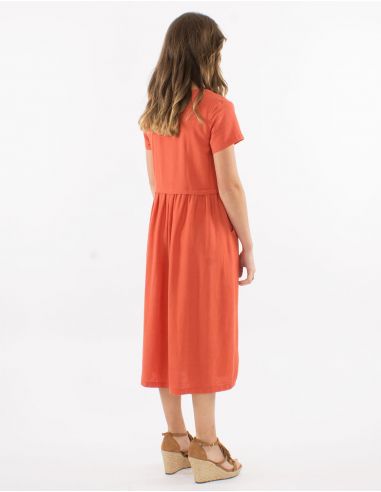 Vestido midi 54% lino 46% viscosa cuello v mangas cortas