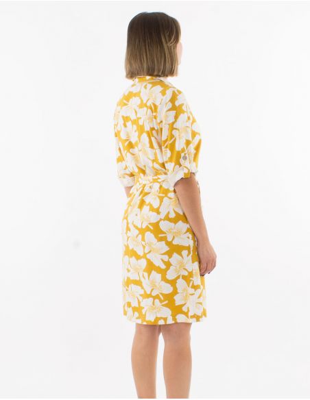 Vestido 70% viscosa 30% lino con botones mangas 3/4 remangables estampado amapola