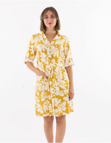 Vestido 70% viscosa 30% lino con botones mangas 3/4 remangables estampado amapola