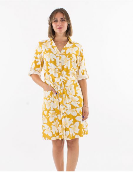 Vestido 70% viscosa 30% lino con botones mangas 3/4 remangables estampado amapola