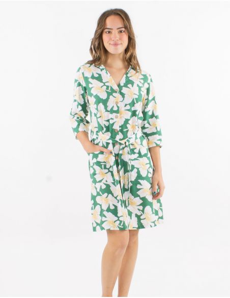 Vestido 70% viscosa 30% lino con botones mangas 3/4 remangables estampado amapola