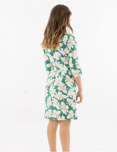 Vestido 70% viscosa 30% lino con botones mangas 3/4 remangables estampado amapola