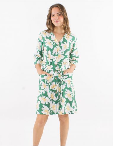Vestido 70% viscosa 30% lino con botones mangas 3/4 remangables estampado amapola
