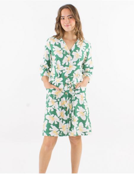 Vestido 70% viscosa 30% lino con botones mangas 3/4 remangables estampado amapola