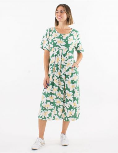 Vestido 70% viscosa 30% lino con bolsillos mangas cortas estampado amapola