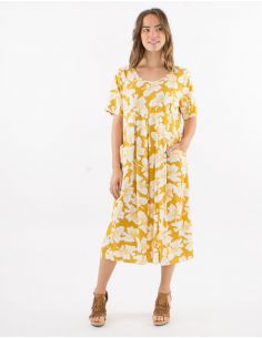 Vestido 70% viscosa 30% lino con bolsillos mangas cortas estampado amapola 2