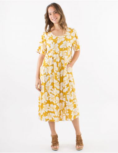 Vestido 70% viscosa 30% lino con bolsillos mangas cortas estampado amapola